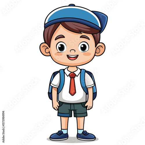 Happy schoolboy, backpack, white background, education, illustration