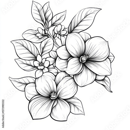 Detailed black and white floral line art illustration.