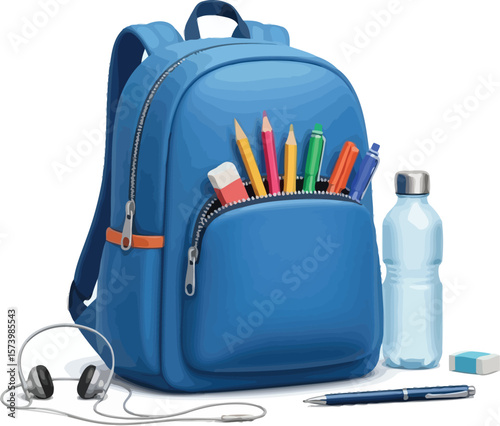 A blue backpack with school supplies and accessories on white background