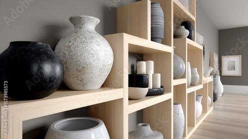 Elegant shelves display ceramic vases & decor. Wooden shelving, neutral tones, interior design