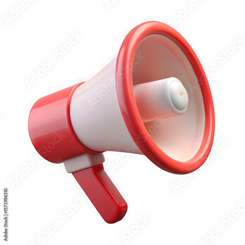 Red and white 3d rendered megaphone isolated on transparent background