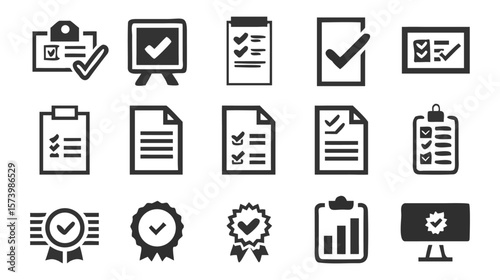 Collection of various black and white check mark and checklist icons for diverse design purposes