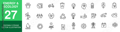 Eco Energy and Environmental Line Icons – Sustainable Power & Green Technology Vector Set