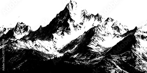 Mountain landscape with peaks in stipple style. High-contrast black and white vector illustration with detailed texture.