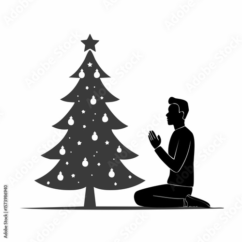 Black silhouette of a person sitting in prayer beside a Christmas tree, gazing up at the tree, with hands resting in their lap, embodying a moment of quiet contemplation