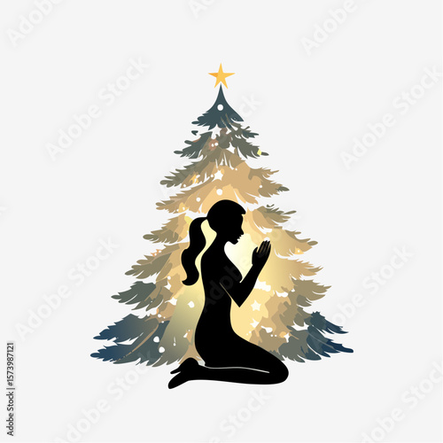 Black silhouette of a person kneeling with their palms open beside a Christmas tree, bathed in the soft light of the tree’s decorations, embodying a moment of quiet reverence