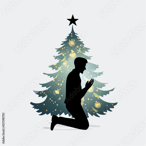 Black silhouette of a person standing with head bowed in prayer beside a Christmas tree, hands pressed together, with the tree’s lights casting a gentle glow on the scene