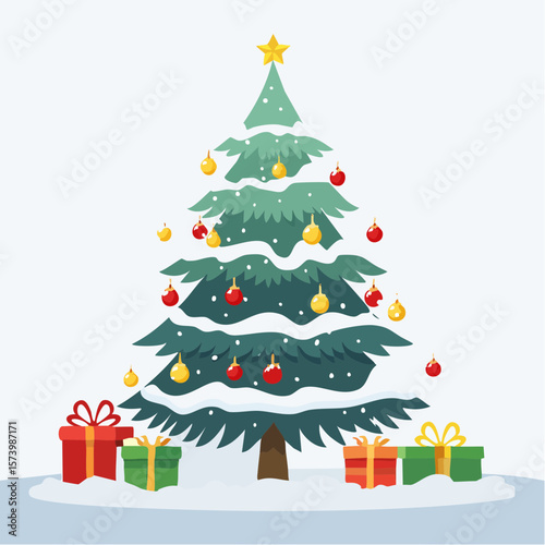 Flat vector of a whimsical Christmas tree with oversized gifts, featuring a colorful, decorated tree with exaggerated presents underneath and bright ribbon accents