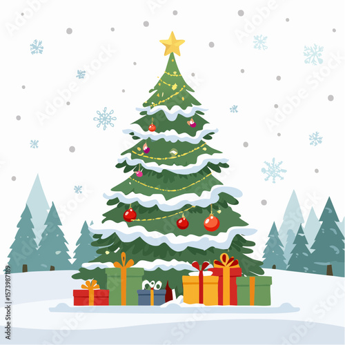 Flat vector of a whimsical Christmas tree with oversized gifts, featuring a colorful, decorated tree with exaggerated presents underneath and bright ribbon accents
