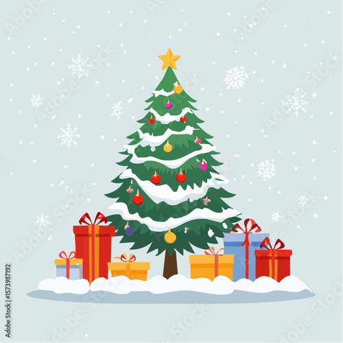 Flat vector of a whimsical Christmas tree with oversized gifts, featuring a colorful, decorated tree with exaggerated presents underneath and bright ribbon accents