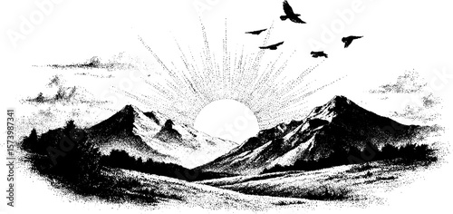 Mountain range, sun, and birds in a stipple style landscape. Black and white texture, detailed linework vector illustration of nature and forest.