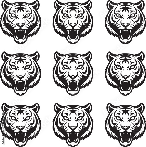 Majestic tiger head vector icon set for wildlife and safari themes