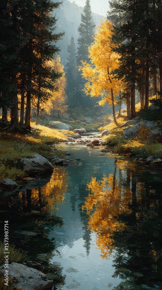 Fototapeta premium Beautiful autumn landscape featuring a serene river reflecting vibrant orange trees in a peaceful forest setting