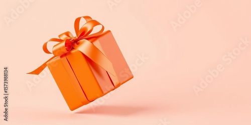 A vibrant orange gift box, adorned with a flowing ribbon, floats serenely against a clean background,  floating,  joy