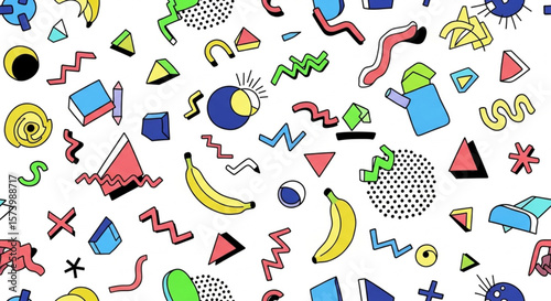 Colorful, abstract geometric shapes, including bananas, scattered on white background.