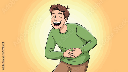 Cartoon man with brown hair wearing a green shirt laughing while holding his stomach in an illustration