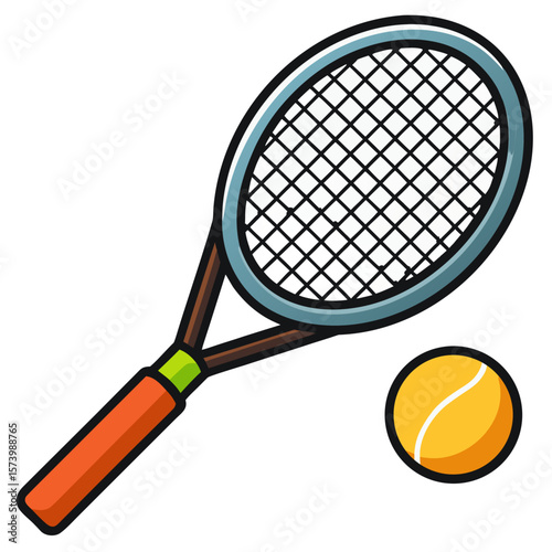 Cartoon Tennis Racket and Ball PNG – Flat Vector with Bold Lines