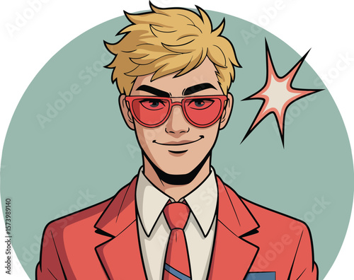 Cartoon man with blond hair wearing red suit and glasses with a starburst on a gradient background