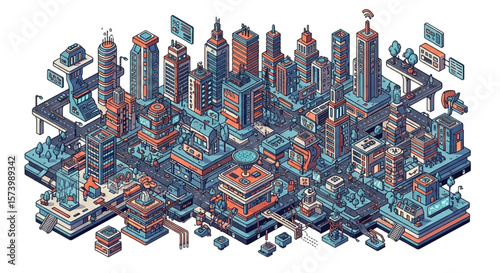 Isometric illustration of a futuristic cityscape with various buildings and infrastructure.