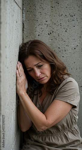 Emotional despair: a lonely woman in a depressed state, with a tense face, is sitting on the floor, leaning against the wall. Despair and anxiety are on the verge of breaking out.