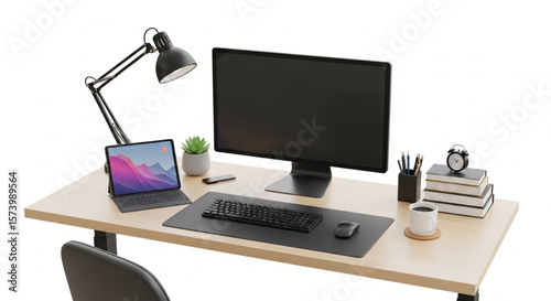 A workspace featuring a monitor, laptop, lamp, and office supplies on a light wood desk, set against a white background.