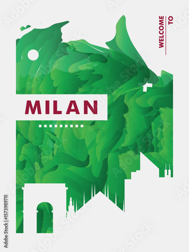 Milan, Italy city poster, flyer with skyline, landmarks. Travel vector illustration for print, brochure, leaflet, website, page, presentation, real estate