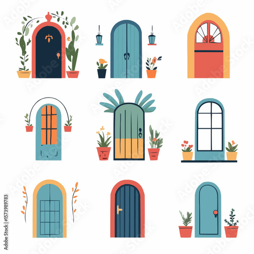 Flat naive set of Mediterranean doors and windows with pastel flowers, ideal for wall art, eco-friendly packaging and cheerful printables