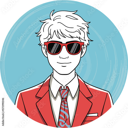 Illustration of a man with blonde hair wearing sunglasses and a red suit on a yellow background