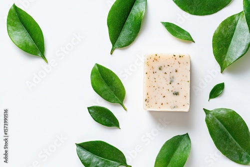 Wallpaper Mural A bar of soap surrounded by green leaves on a white background in a flat lay arrangement Torontodigital.ca