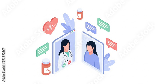 Online telehealth consultation: doctor and patient video chat, exchanging messages and health data.