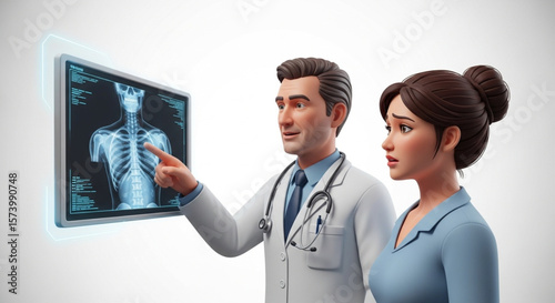 A doctor points at an X-ray image, explaining it to a concerned patient.