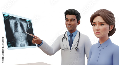 Doctor explaining chest x-ray to a concerned female patient, pointing to the image on a screen.