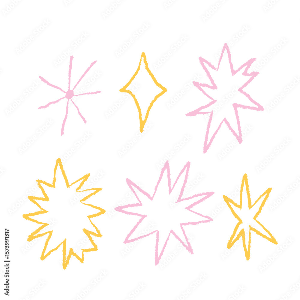 Obraz premium Line Pastel Crayon Brush Star Collection. Hand Texture Pencil Star. Vector Color Line Illustration