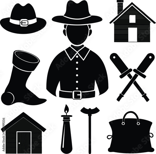 Retro cartoon illustration of people in cowboy hats, a business character, and a detective silhouette perfect for vector art