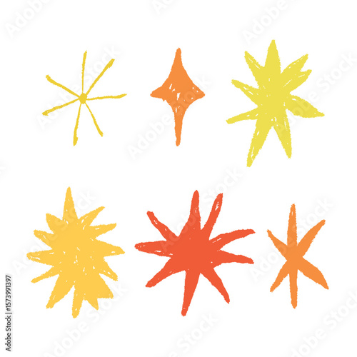 Pastel Crayon Brush Star Collection. Hand Texture Pencil Star. Vector Color Line Illustration