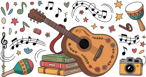 A guitar resting on books surrounded by musical notes and instruments in a colorful illustration style
