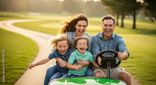 A thrilling, fun shot of a laughing family crammed onto a golf cart, with the dad driving as their hair flies in the wind.