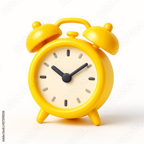 A yellow alarm clock isolated on white background shows the time