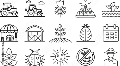 Charming white line art showcases diverse farming and agriculture icons