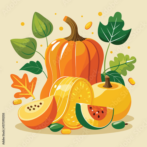 A vibrant vector illustration of a ripe orange pumpkin with autumn leaves, perfect for fall harvest, Halloween, or Thanksgiving designs