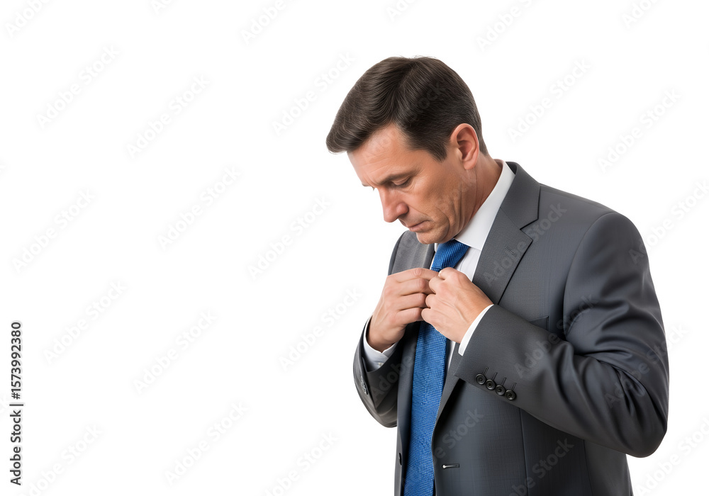 Man in suit adjusting his tie with a serious expression shown here on transparent background Man in suit adjusting his tie with a serious expression shown here on transparent background