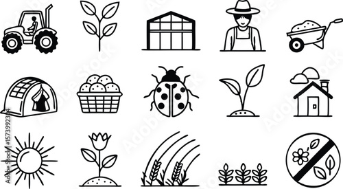 Simple farming icons showcase organic growth and sustainable agriculture