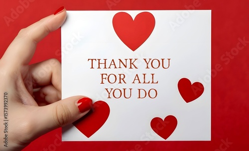 Hand holding card written THANK YOU FOR ALL YOU DO -  appreciative way to express gratitude for effort and support  from friends, co-worker colleague or team staff employee - say thanks for their help