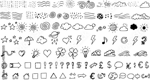 Сollection of various black doodle elements, manga-style illustration pictogram icon set. EPS 10 version.
