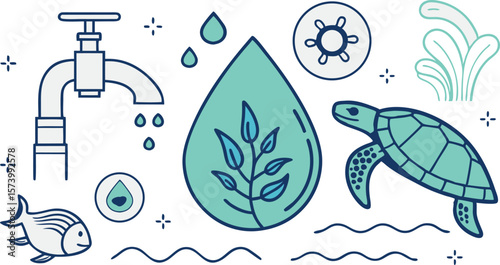 Depicts marine life and water resources conservation themed graphic