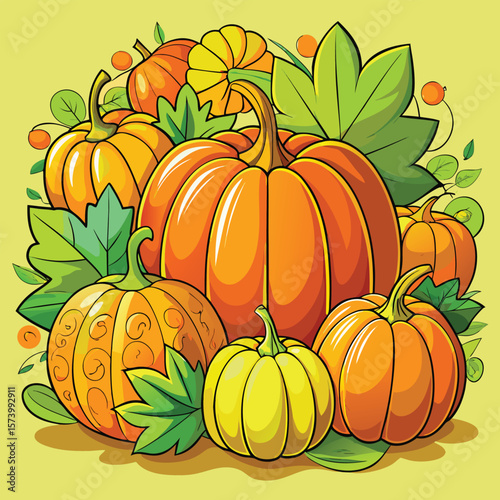 Vector illustration of orange pumpkins, gourds, and other vegetables perfect for Halloween, autumn harvest, or Thanksgiving decorations