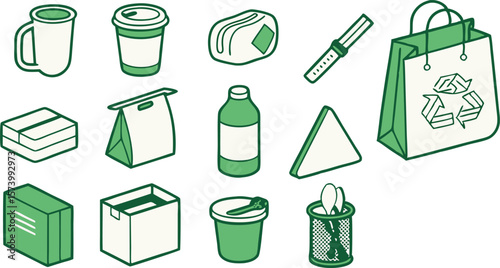 Green grocery food package icons for a cafe or brand design