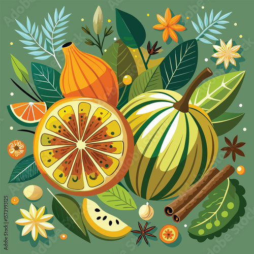 Seamless pattern of fresh, juicy orange and citrus fruit slices with leaves on a vibrant background, perfect for a healthy or autumnal design