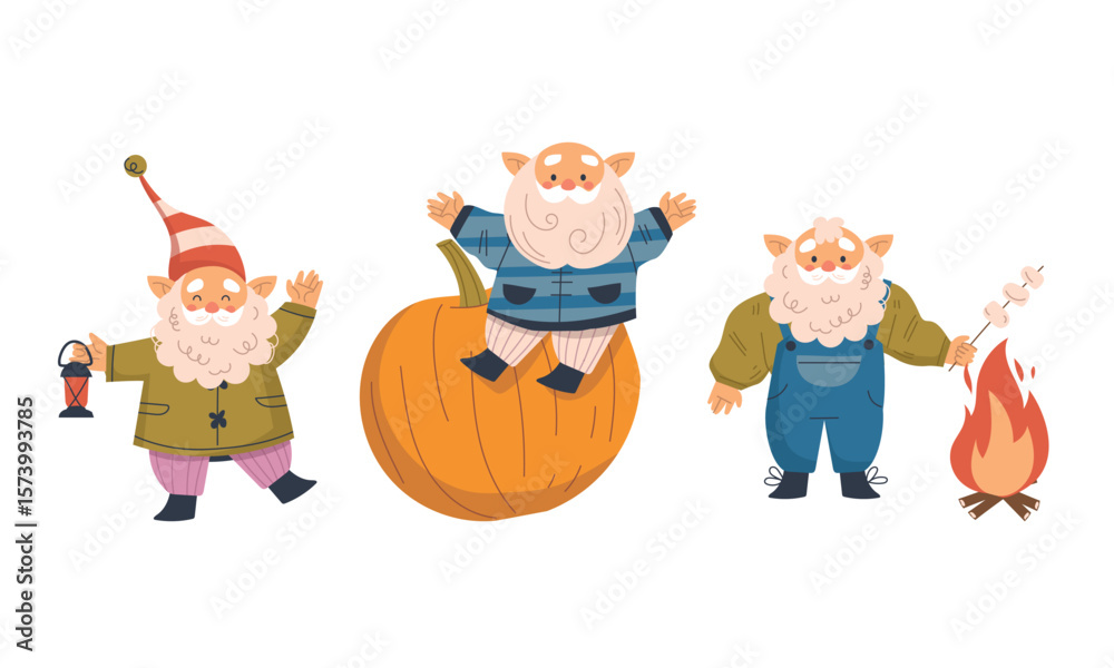 Fototapeta premium Gnomes Delightfully Celebrating the Beautiful Season of Autumn with a Pumpkin and a Cozy Campfire