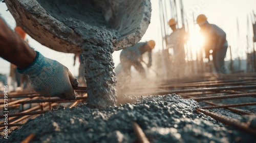 Construction workers do concrete works and pour cement on armored steel mesh